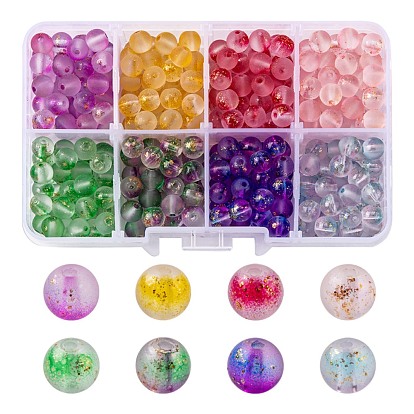360Pcs 8 Colors Frosted Spray Painted Glass Beads, with Golden Foil, Round