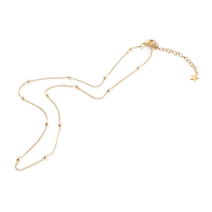 Brass Curb Chain Necklaces, with Round Beads and 304 Stainless Steel Lobster Claw Clasps