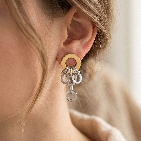 Pendientes colgantes de acero inoxidable bicolor para mujer, anillo