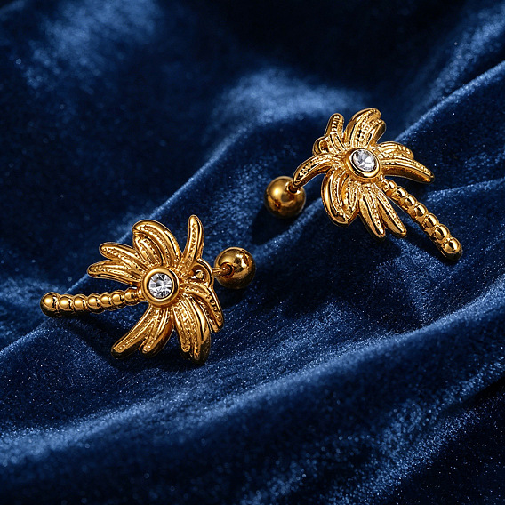 304 aretes de diamantes de imitación de acero inoxidable, árbol de hojas/coco