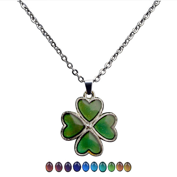 Mood Necklace, Temperature Sensing Color Changing Epoxy Clover Pendant Necklace, 304 Stainless Steel Jewelry for Women