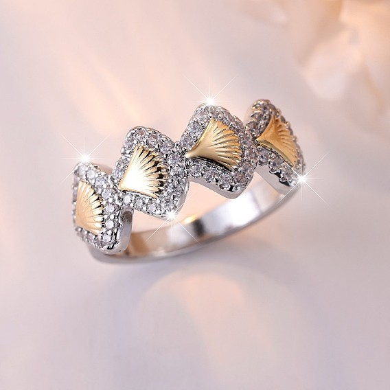 Brass Micro Pave Clear Cubic Zirconia Finger Rings, Shell Shape