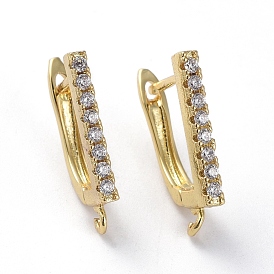 Brass Micro Pave Cubic Zirconia Hoop Earring Findings with Latch Back Closure, with Horizontal Loop, Rectangle, Clear