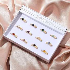 Круглые кольца из смешанных натуральных камней, 304 из нержавеющей стали манжеты кольца, реальный 18 k позолоченный, ионное покрытие (ip)