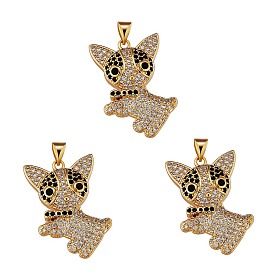 3Pcs Brass Micro Pave Clear & Black Cubic Zirconia Pendants, Long-Lasting Plated, Dog