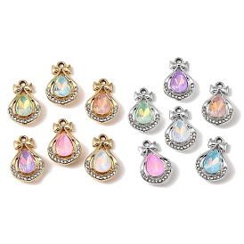 UV Plating Alloy Glass Pendants, Teardop with Bowknot Charm, with Rhinestone, Faceted, Mixed Color