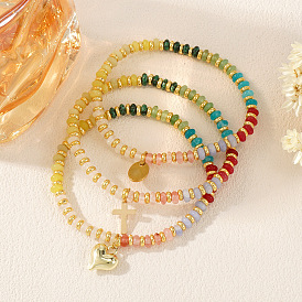 Браслеты из эластичных бусин-ронделей из натуральных смешанных драгоценных камней, браслеты с подвесками из сплава для женщин, сердце, с открытки