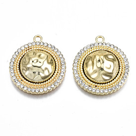 Rack Plating Alloy Crystal Rhinestone Pendants, with Plastic, Cadmium Free & Lead Free, Flat Round, Light Gold