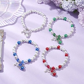 8Pcs Alloy & Pearlized Glass Pearl Beads Stretch Bracelets for Women, Angel & Cross