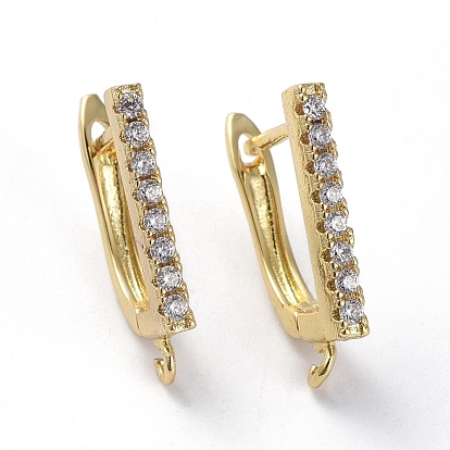 Brass Micro Pave Cubic Zirconia Hoop Earring Findings with Latch Back Closure, with Horizontal Loop, Rectangle, Clear