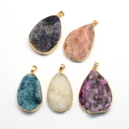 Plated Natural Druzy Agate Drop Pendants, with Light Gold Plated Brass Findings
