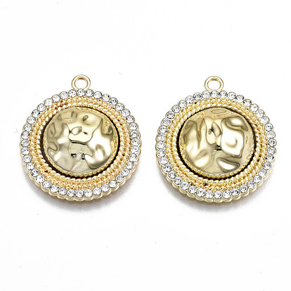Rack Plating Alloy Crystal Rhinestone Pendants, with Plastic, Cadmium Free & Lead Free, Flat Round, Light Gold