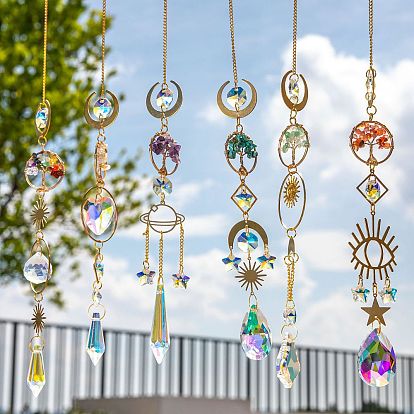 Glass Hanging Suncatcher Prism Ornament, with Gemstone Chips Tree of Life and Metal Link, for Home Garden Car Decoration