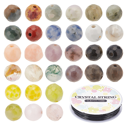 DIY Jewelry Making Kits, Including 140Pcs Faceted Round Natural Gemstone Beads, 1Roll Elastic Crystal Thread