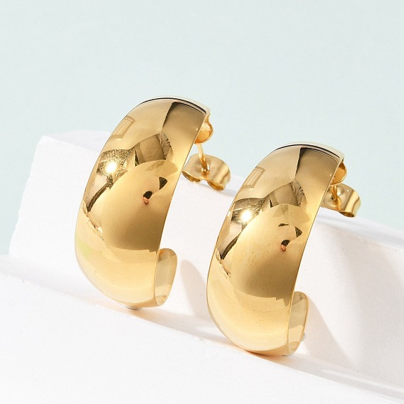 304 Stainless Steel Stud Earrings, Ion Plating(IP), C-Shaped