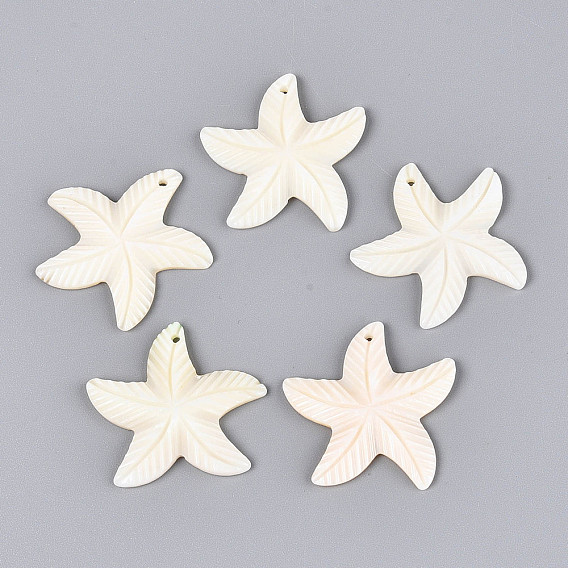 Natural Freshwater Shell Carved Pendants, Starfish Charms
