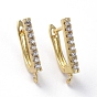 Brass Micro Pave Cubic Zirconia Hoop Earring Findings with Latch Back Closure, with Horizontal Loop, Rectangle, Clear