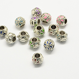 Alloy Rhinestone Enamel Style European Beads, Large Hole Round Beads with Flower, 10x9mm, Hole: 4.5mm
