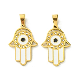 Ion Plating(IP) 304 Stainless Steel Pendants, with Enamel and Rhinestone, Real 18K Gold Plated, Hamsa Hand with Evil Eye Charm