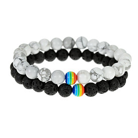 Minimalist Fashion White Pine Lava Stone Colorful Bead Bracelet Set - Jewelry