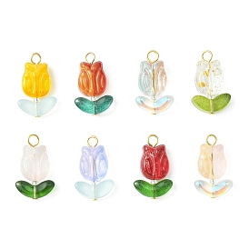 Glass Pendants, with Golden Iron Findings, Flower Charm