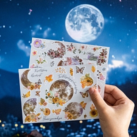 Moon with Flower 2Pcs 2 Styles PVC Plastic Stickers, for Scrapbooking, Travel Diary Craft