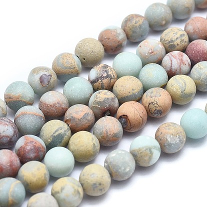 Natural Aqua Terra Jasper Beads Strands, Frosted, Round