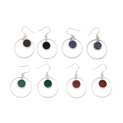 Natural Mixed Stone Flat Round Dangle Earrings, Real Platinum Plated Rhodium Plated 925 Sterling Silver Earrings