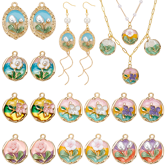 16Pcs 8 Styles Alloy Enamel Pendants, Round with Flower Charms, Golden