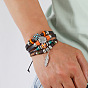 Imitation Leather & Cowhide Leather Braided Multi-strand Bracelet, Alloy Sun Moon Beaded Bracelet with Feather Shape Charm for Men Women