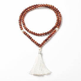 Natural Wood & Pearl Beads Mala Prayer Necklace, Big Tassel Pendant Necklace for Meditation Buddhist, White