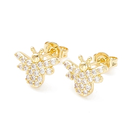 Clear Cubic Zirconia Bees Stud Earrings, Brass Jewelry for Women, Cadmium Free & Nickel Free & Lead Free
