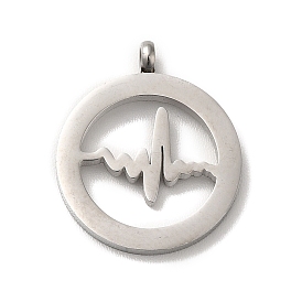 304 Stainless Steel Pendants, Flat Round with Heartbeat Charm