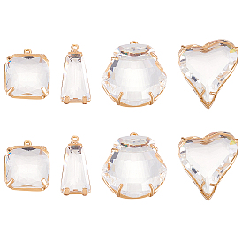 8шт 4 стиль прозрачные стеклянные подвески, с легкими золотыми тонами латуни, долговечный, граненые, Подвески в форме сердца, прямоугольника, трапеции и ракушки.