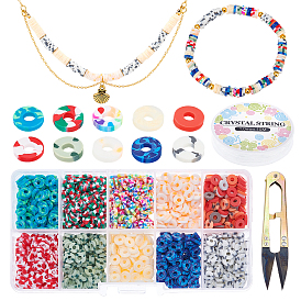 PandaHall Elite DIY Necklace Jewelry Making, 1770Pcs Disc/Flat Round Polymer Clay Beads Strands, Scissors and Elastic Crystal Thread