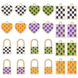 SUPERFINDINGS 24Pcs 12 Style Rack Plating Alloy Checkerboard Pendants, with Enamel, Cadmium Free & Lead Free, Light Gold