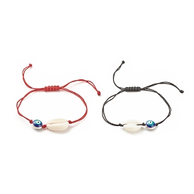 2 pcs 2 couleur acrylique shell & émail mauvais œil bracelets de perles tressées ensemble, bracelets ajustables pour femmes