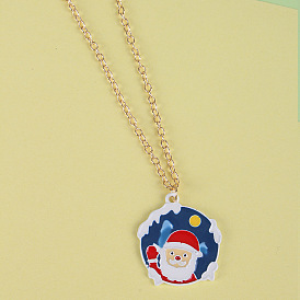 Cartoon Santa Snowflake Blue Pendant Necklace - Festive Christmas Jewelry