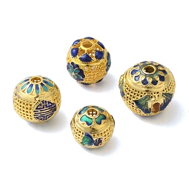 Rack Plating Brass Enamel Beads, Long-Lasting Plated, Cadmium Free & Lead Free, Round with Flower Pattern