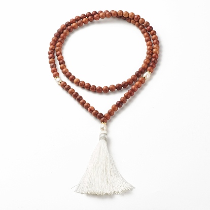 Natural Wood & Pearl Beads Mala Prayer Necklace, Big Tassel Pendant Necklace for Meditation Buddhist, White