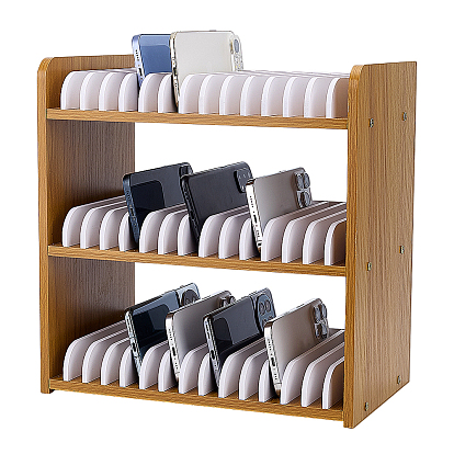 Organizador de dispositivos de madera de 3-capas, Soporte con ranura arqueada para guardar teléfonos y tabletas., Rectángulo