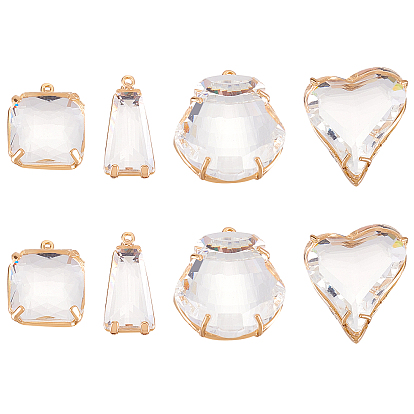 8шт 4 стиль прозрачные стеклянные подвески, с легкими золотыми тонами латуни, долговечный, граненые, Подвески в форме сердца, прямоугольника, трапеции и ракушки.