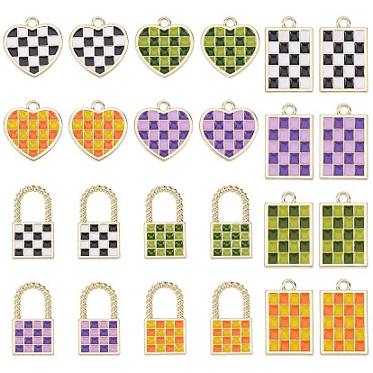 24Pcs 12 Style Rack Plating Alloy Checkerboard Pendants, with Enamel, Cadmium Free & Lead Free, Light Gold