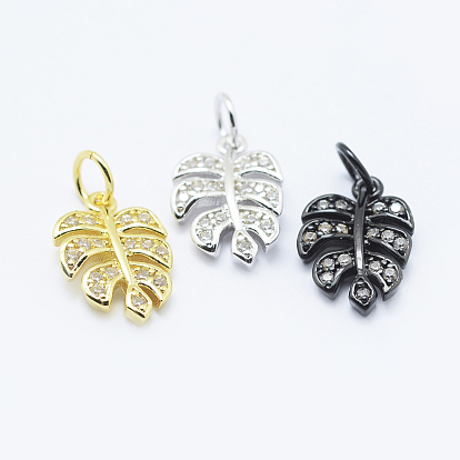 Brass Micro Pave Cubic Zirconia Charms, Tropical Leaf Charms, Monstera Leaf, Lead Free & Nickel Free & Cadmium Free