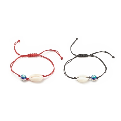 2Pcs 2 Color Acrylic Shell & Enamel Evil Eye Braided Bead Bracelets Set, Adjustable Bracelets for Women
