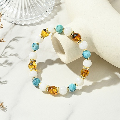 Natural Mixed Stone Round Beaded Stretch Bracelets, Golden