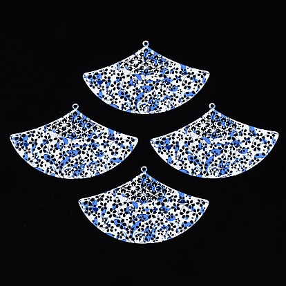 430 Stainless Steel Big Pendants, Spray Painted, Etched Metal Embellishments, Fan with Flower Pattern