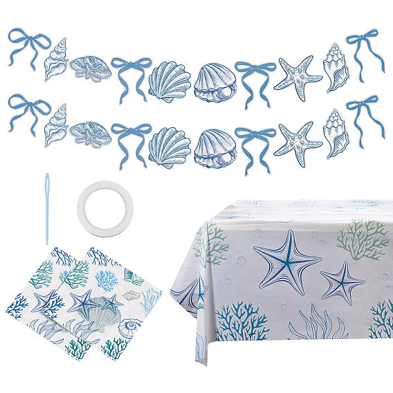Бумажный бантик, ракушка, морская звезда, флаг, подвесные баннеры, с полиэтиленовыми скатертями и бумажными салфетками