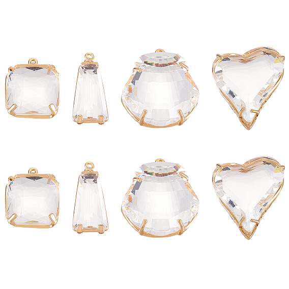 8шт 4 стиль прозрачные стеклянные подвески, с легкими золотыми тонами латуни, долговечный, граненые, Подвески в форме сердца, прямоугольника, трапеции и ракушки.