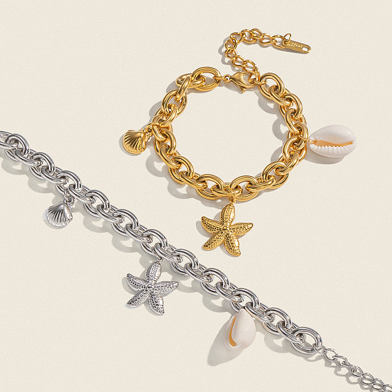 Пляжный стиль 304 браслеты с подвесками из нержавеющей стали, браслеты-цепочки для женщин, морская звезда и форма раковины